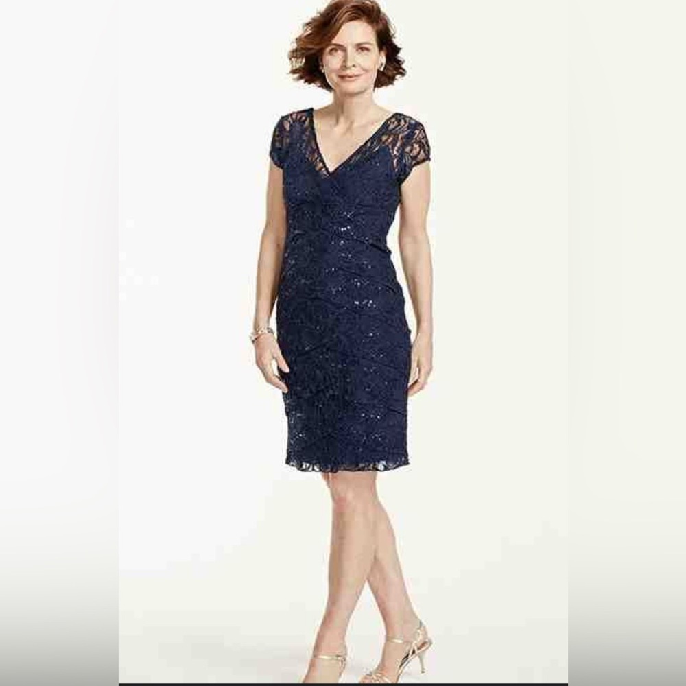 Scarlett Nite Womens Navy Blue Lace Sequin Tiered Sheath Dress 10